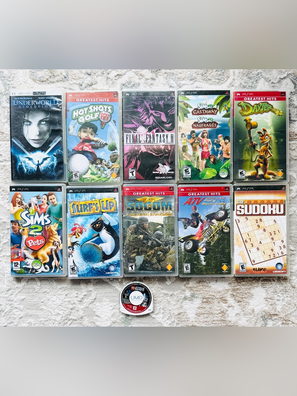 Sony PSP Game Lot of 10 + 1 Movie - Final Fantasy II, Daxter, Sims 2, Star Wars